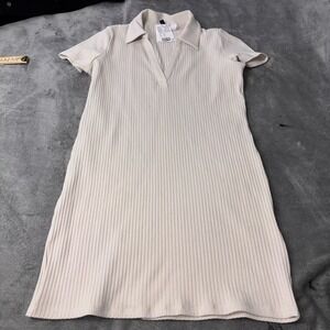 Divided H&M Ribbed Polo Collar Short Sleeve Dress Cream XL